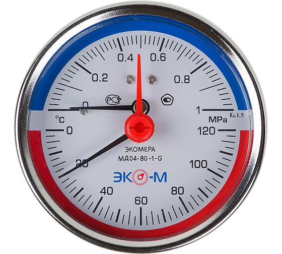 Изображение товара Термоманометр ЭКО-М Экомера с переходником на G1/2 осевой МД04-80-G-1МПа-120-L-60-ОИ