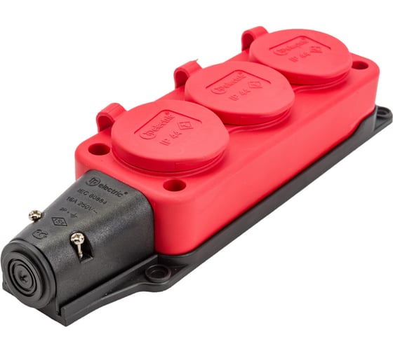 Изображение товара Тройная колодка TP Electric с заглушками, каучук, красная 2P+E, 1х16A, 220-240V 3101-308-1600