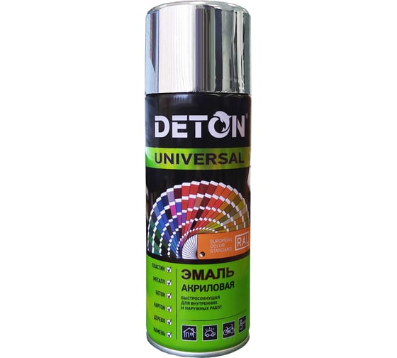 Изображение товара Эмаль акриловая быстросохнущая Deton UNIVERSAL хром, аэрозоль 520 мл DTN-A07266
