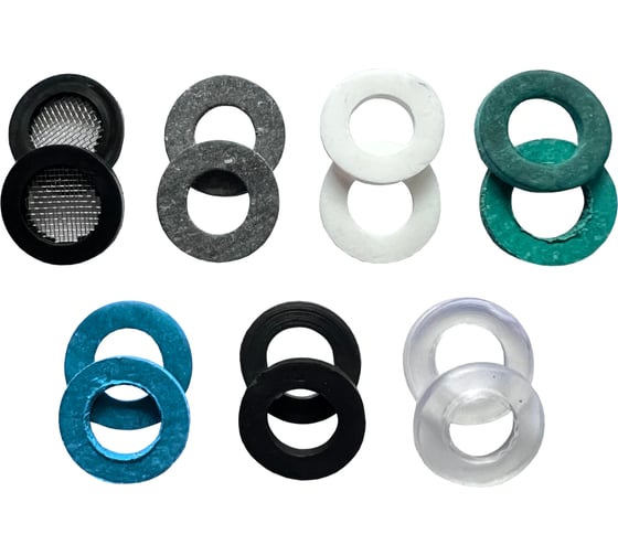 Изображение товара Набор прокладок Профитт 1/2" резина, резина с сеткой, паронит, паронит мбс, паронит безасбестовый, фторопласт, пвх - по 2 шт. 1891870