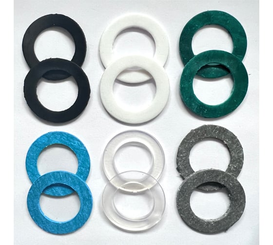 Изображение товара Набор прокладок Профитт 1 1/2" резина, паронит, паронит мбс, паронит безасбестовый, фторопласт, пвх - по 2 шт. 1891917