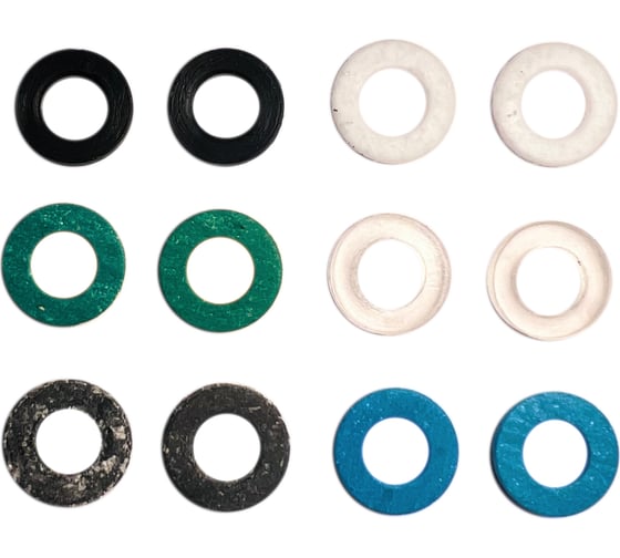 Изображение товара Набор прокладок Профитт 3/8" резина, паронит, паронит мбс, паронит безасбестовый, фторопласт, пвх - по 2 шт. 1891863