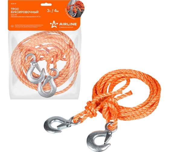 Изображение товара Буксировочный трос (канат, 3 т, 4 м, 2 крюка) Airline ACA-01