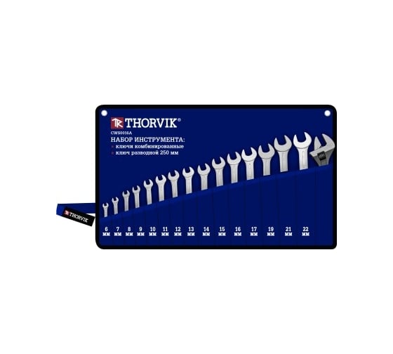 Изображение товара Набор комбинированных ключей Thorvik CWS0016A 6-22 мм, ключ разводной 250 мм, в сумке 53705