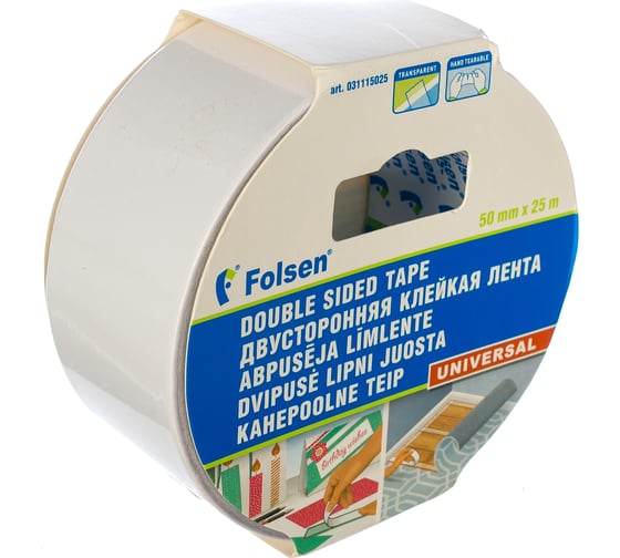 Изображение товара Универсальная двусторонняя лента Folsen 50мм х 25м PP 115мкм 031115025