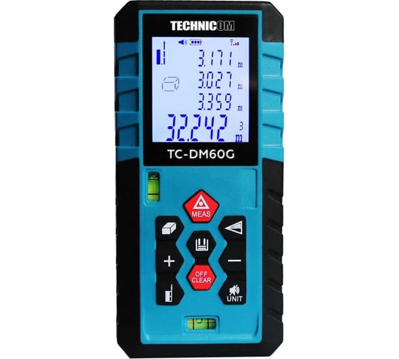 Изображение товара Лазерный дальномер-угломер TECHNICOM дальность 60м, два источника питания, цифровой угломер, 2 источника питания, 2 пузырьковых уровня, 3 точки отсчёта TC-DM60G