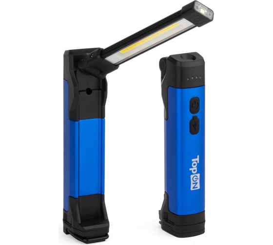 Изображение товара Аккумуляторный фонарь TopOn LED 4 Вт 400 лм 3.7 B 2.6 Ач 9.6 Втч, поворотная лампа, 2 доп. фонаря, магнитное крепление, крючок, зажим TOP-MX04WL