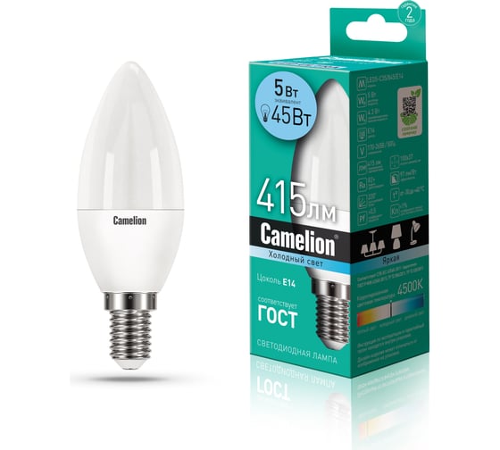 Изображение товара Светодиодная лампа 5Вт 220В Camelion LED5-C35/845/E14 12032