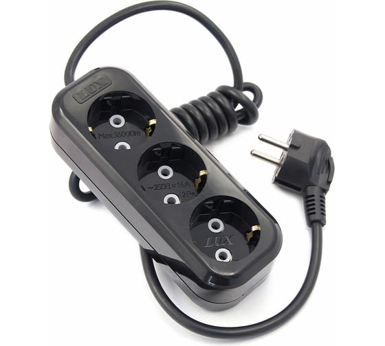 Изображение товара Сетевой удлинитель, черный У3-Е-02 3-местный с з/к, 250В, 16А, 2м LUX 4606400418962