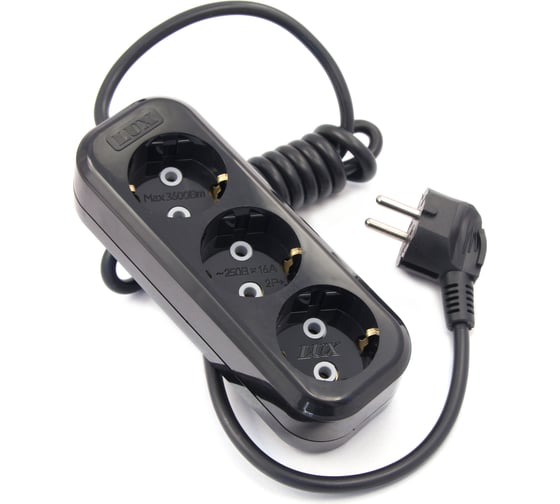 Изображение товара Сетевой удлинитель, черный У3-Е-05 3-местный с з/к, 250В, 16А, 5м LUX 4606400418986