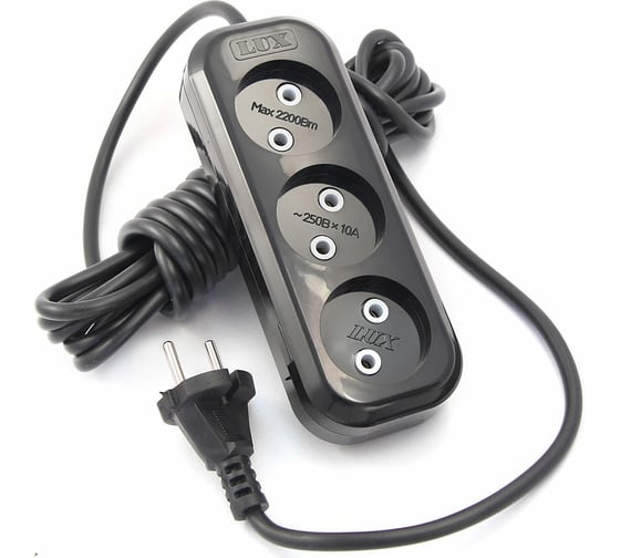 Изображение товара Сетевой удлинитель, черный У3-О-02 3-местный б/з, 250В, 10А, 2м LUX 4606400418931