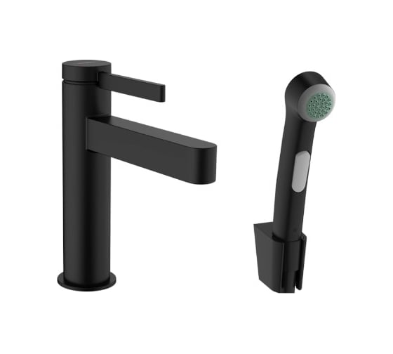 Изображение товара Смеситель для раковины Hansgrohe Finoris 110 с гигиеническим душем, матовый черный 76210670 00000097205