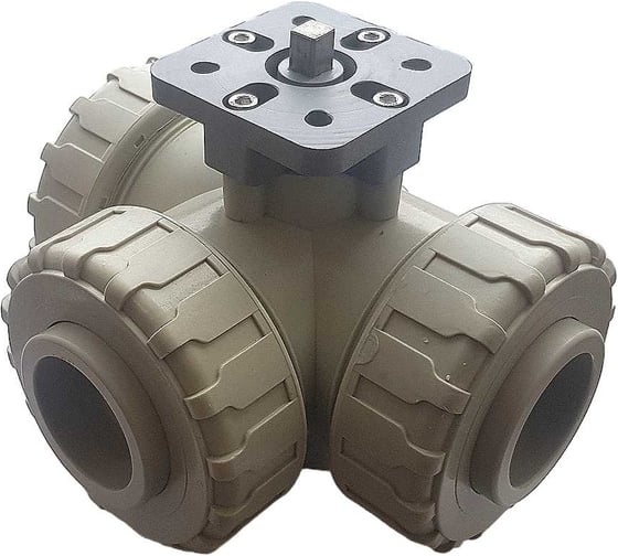 Изображение товара Трехходовой шаровой кран TECHNO 3040-PP полипропиленовый, под привод, DN40, рабочая температура -10~60C 650340