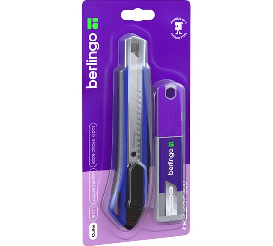 Изображение товара Нож канцелярский Berlingo 18мм "Razzor 300", синий + лезвия сменные 10шт., блистер, европодвес, 1 шт. BM4132_2c