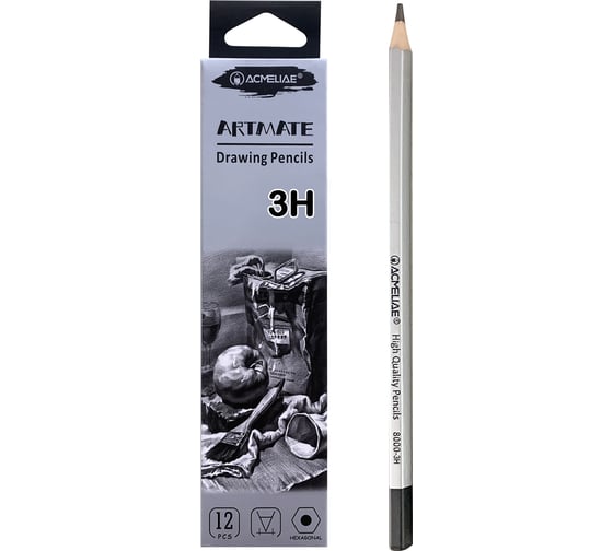 Изображение товара Чернографитный карандаш ACMELIAE 3Н шестигранный, корпус серебряный, 12 шт. 8000-3H EAN