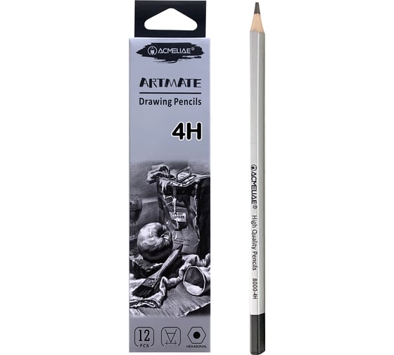 Изображение товара Чернографитный карандаш ACMELIAE 4Н шестигранный, корпус серебряный, 12 шт. 8000-4H EAN