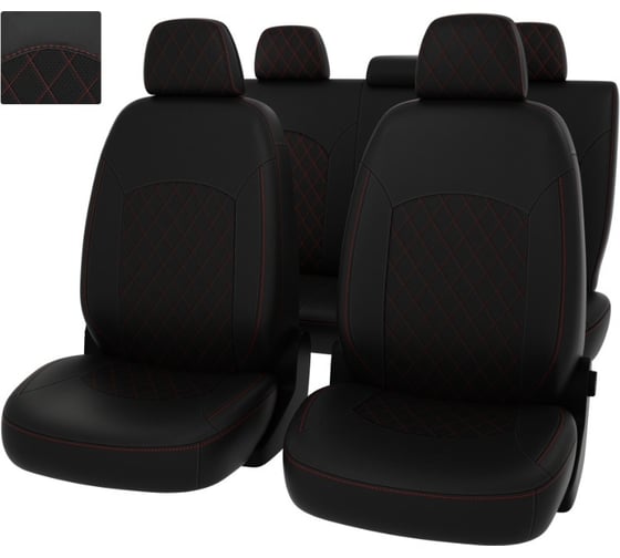 Изображение товара Чехлы PSV Оригинал для VW Polo VI 2020 РОМБ, отстрочка красная, черная экокожа 135028