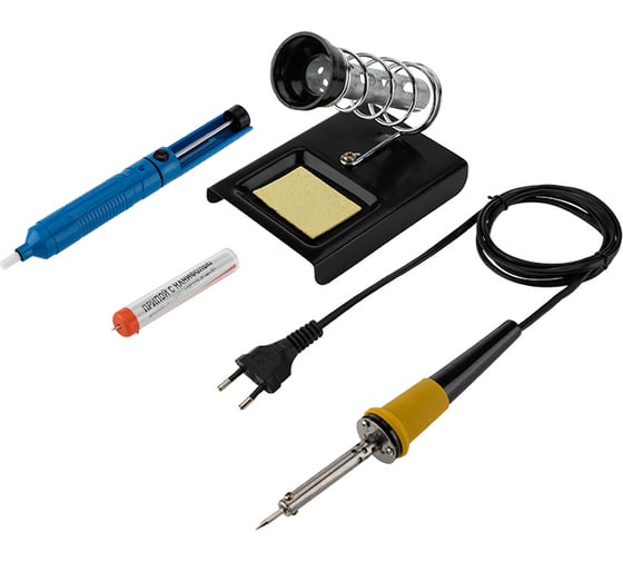 Изображение товара Набор для пайки: паяльник 30Вт, оловоотсос, подставка, припой REXANT ZD-303 12-0163