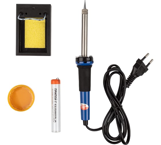 Изображение товара Набор для пайки №11: паяльник 30Вт, подставка, губка для удаления припоя, канифоль, припой REXANT TL-1011 12-0165