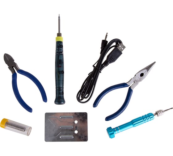 Изображение товара Набор для пайки: USB-паяльник 8Вт, кусачки, тонкогубцы, подставка, припой, отвертка REXANT ZD-972F 12-0168