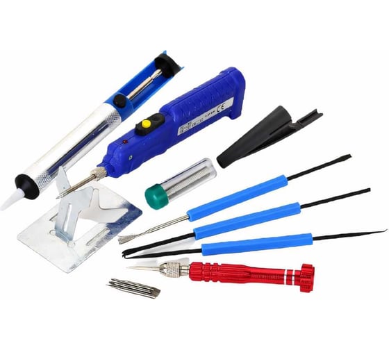 Изображение товара Набор для пайки: паяльник 8Вт, оловоотсос, подставка, припой, отвертка, интрумент для монтажа REXANT ZD-972E 12-0167