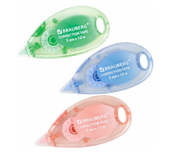 Изображение товара Корректирующая лента BRAUBERG Pastel, 5 мм x 12 м, механизм перемотки, выгодная упаковка 3 шт в блистере 271252