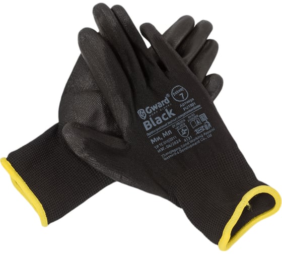 Изображение товара Нейлоновые перчатки с полиуретановым покрытием Gward черные, р.S, 12 пар PU1001B/S