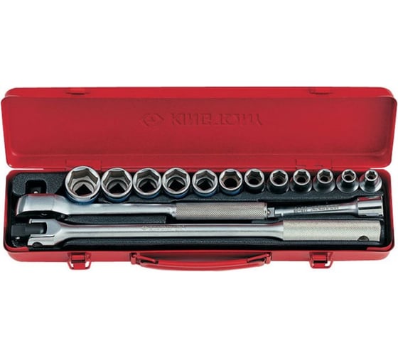Изображение товара Набор торцевых головок с принадлежностями (1/2", шестигранные, 8-27 мм, 15 предметов) KING TONY 4501MR