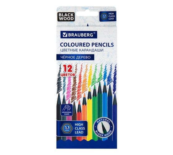 Изображение товара Цветные карандаши BRAUBERG 12 цветов, черное дерево, грифель мягкий 3,3 мм 181856