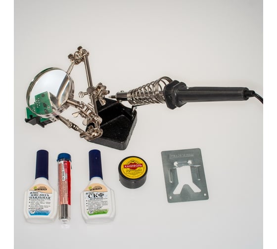 Изображение товара Набор для пайки 0 Pro Legend Паяльник 60Вт. подставка, флюс, канифоль, кислота, припой, лупа настольная 2,5x-60мм третья рука PL4440_60