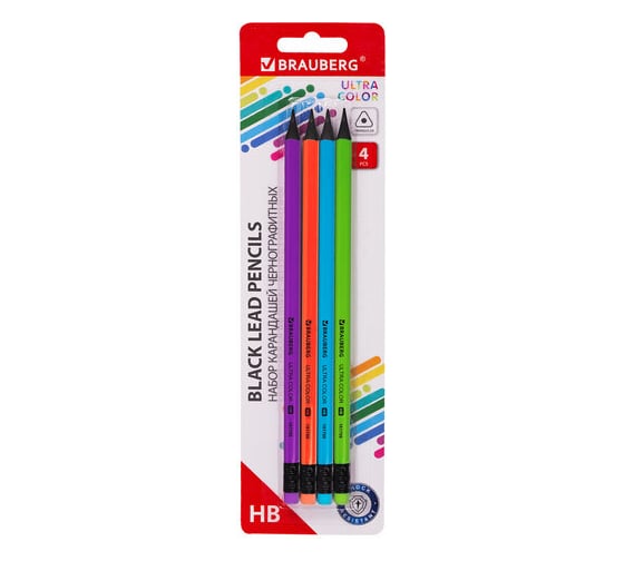 Изображение товара Набор чернографитных карандашей Ultra Color BRAUBERG, Hb, с ластиком, пластиковые 12 упаковок по 4 шт 181709