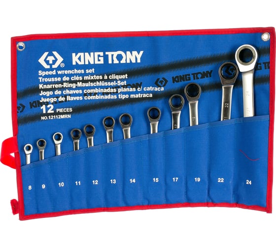 Изображение товара Набор комбинированных трещоточных ключей (8-24 мм, чехол из теторона, 12 предметов) KING TONY 12112MRN