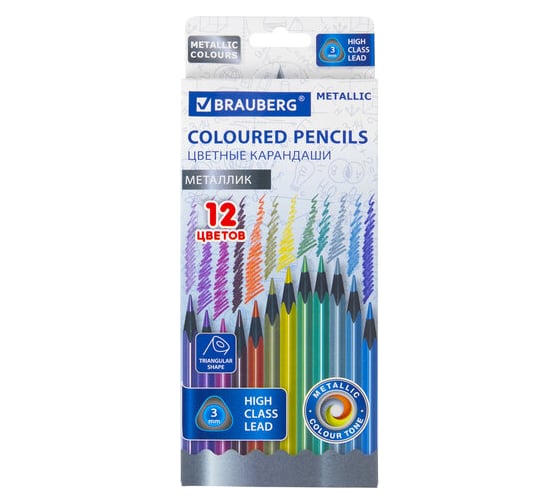 Изображение товара Цветные карандаши BRAUBERG Metallic, 12 цветов металлик, черное дерево, трехгранные 181853