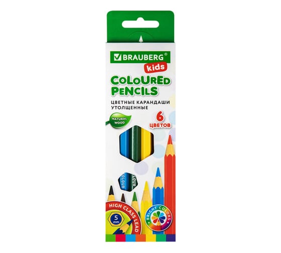 Изображение товара Цветные карандаши BRAUBERG утолщенные Kids 6 цветов, грифель 5 мм 181877