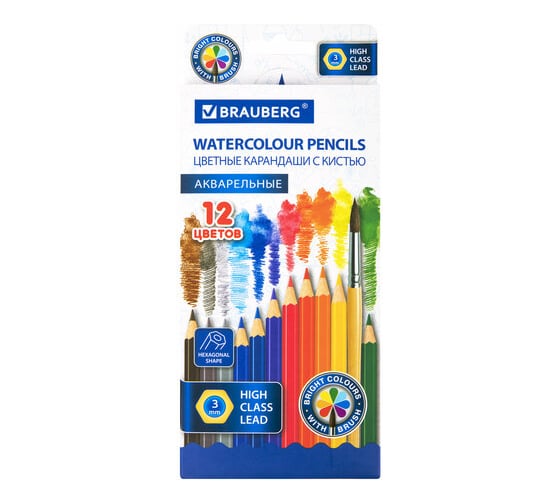 Изображение товара Цветные карандаши BRAUBERG акварельные классические мягкие, 12 цветов, с кистью 181848