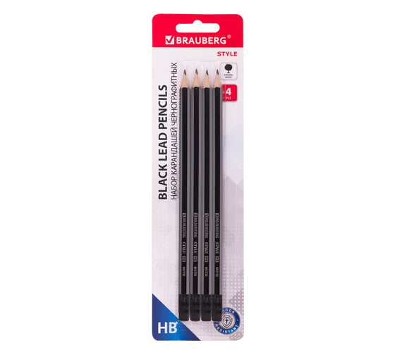 Изображение товара Набор чернографитных карандашей Style BRAUBERG, Hb, с ластиком, корпус черно-серый 12 упаковок по 4 шт 181718