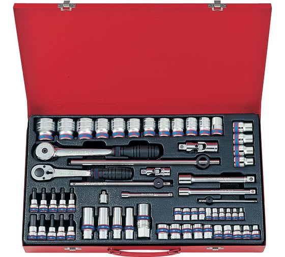 Изображение товара Набор двенадцатигранных торцевых головок с принадлежностями (1/4”, 3/8”, 1/2”, 4-32 мм, 62 предмета) KING TONY 9063MR01