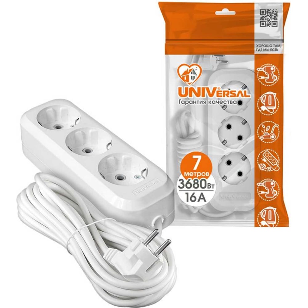 Изображение товара Удлинитель UNIVersal е-303а пвс 3/1,5 3гн. с заземлением, длина 7м (еврослот) 1724