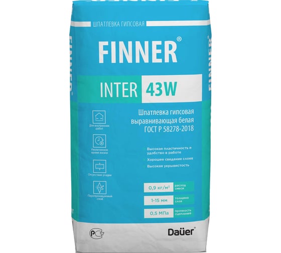 Изображение товара Гипсовая выравнивающая шпатлевка Dauer finner inter 43w белая. 20 кг 31676