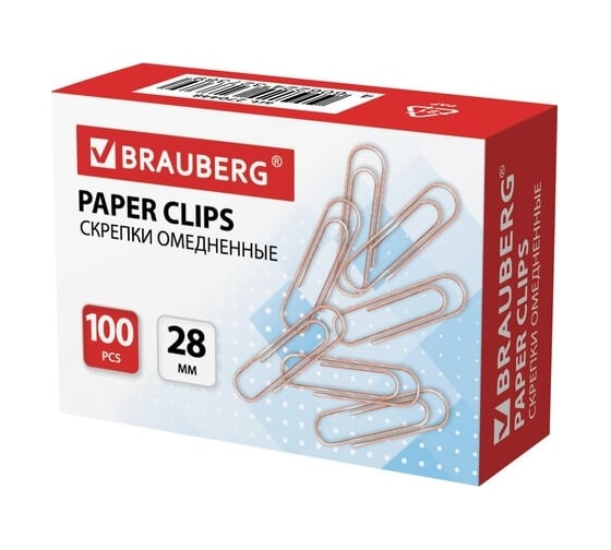 Изображение товара Скрепки 28 мм BRAUBERG, омедненные, в картонной коробке 10 упаковок по 100 шт 270448