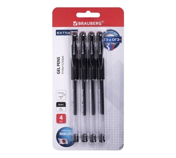 Изображение товара Гелевые ручки BRAUBERG Extra Gt с грипом, черные, набор 4 штуки, стандартный наконечник 0.5 мм, линия 0.35 мм 143924