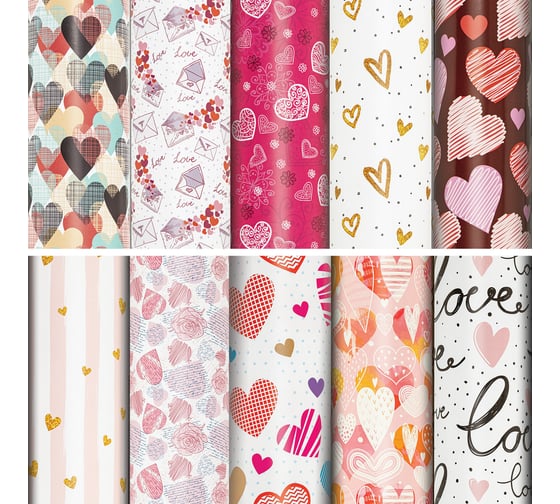 Изображение товара Упаковочная бумага ЗОЛОТАЯ СКАЗКА Love Story, 70x100 см, 10 дизайнов ассорти 591916