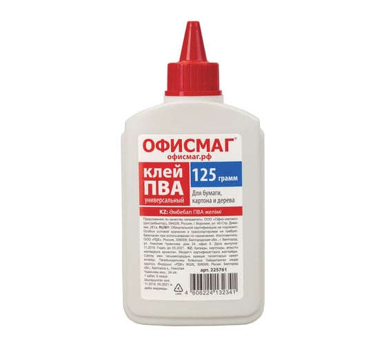 Изображение товара Клей ПВА ОФИСМАГ, бумага, картон, дерево 125 г 40 шт 225761