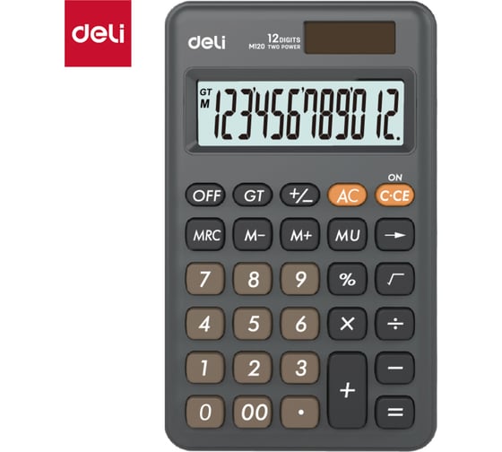 Изображение товара Калькулятор DELI настольн.компакт. em120,12р, дв. пит, 118x70мм,темно-серый,  EM120BLACK