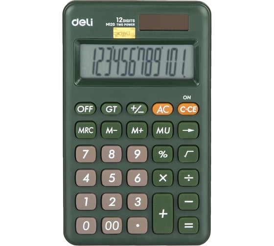 Изображение товара Настольный компактный калькулятор DELI em120,12 разрядный, двойное питание, 118x70 мм, зеленый 1552691