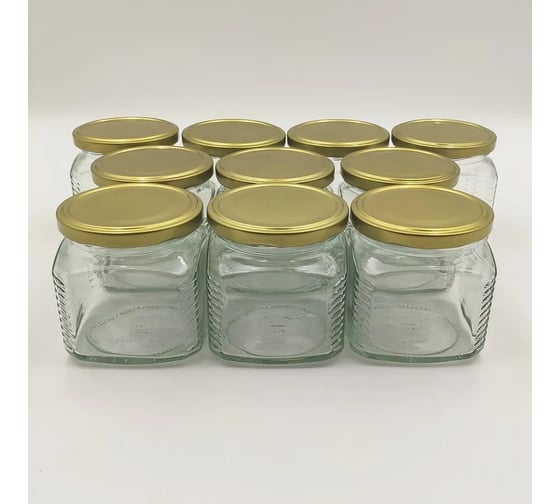 Изображение товара Набор банок ЛЕТО стеклянные под твист-офф d82м 0.39л квадрат с крышкой золотистой 10шт 97606