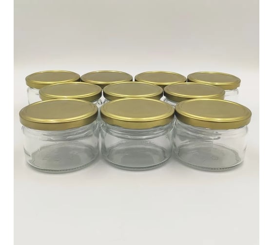 Изображение товара Набор банок ЛЕТО стеклянные под твист-офф d82мм 0.25л икорные с крышкой золотист - 10шт 97607