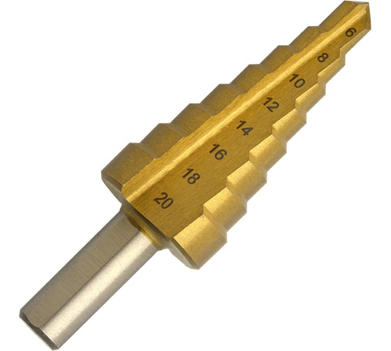 Изображение товара Сверло ступенчатое 6-20 мм, 8 ступеней, Р6М5 нитрид титан Волжский Инструмент 5038005