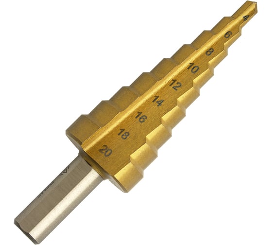 Изображение товара Сверло ступенчатое 4-20 мм, 9 ступеней, Р6М5 нитрид титан Волжский Инструмент 5038003