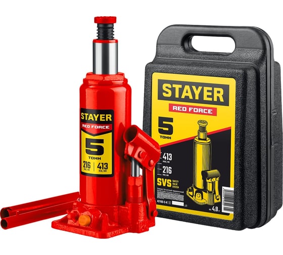 Изображение товара Бутылочный гидравлический домкрат STAYER Red Force в кейсе 5 т 43160-5-K_z01
